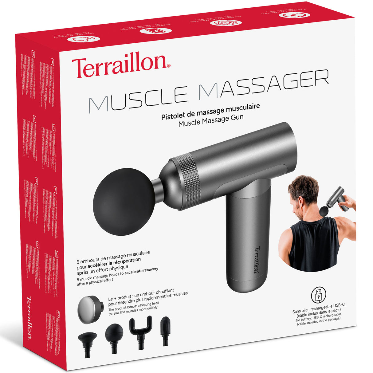 Terraillon Massagepistol Muscle Massager med värme, 5st tillbehör