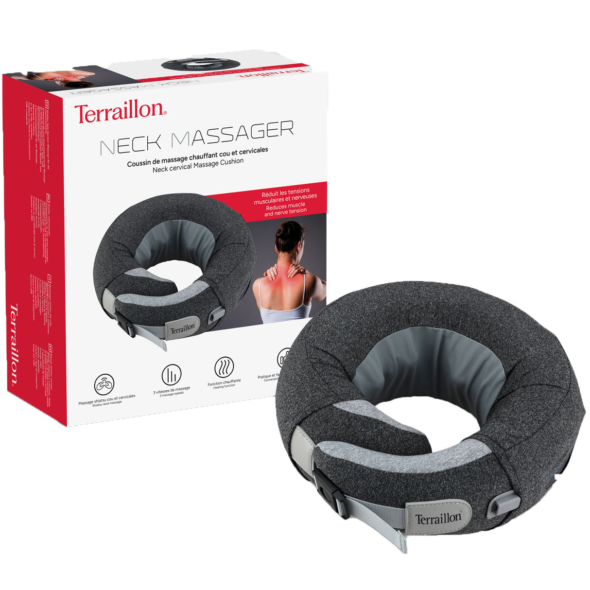 Terraillon Nackmassage Shiatsu 3 hastigheter, 2 rotation, uppvärmning & USB-C